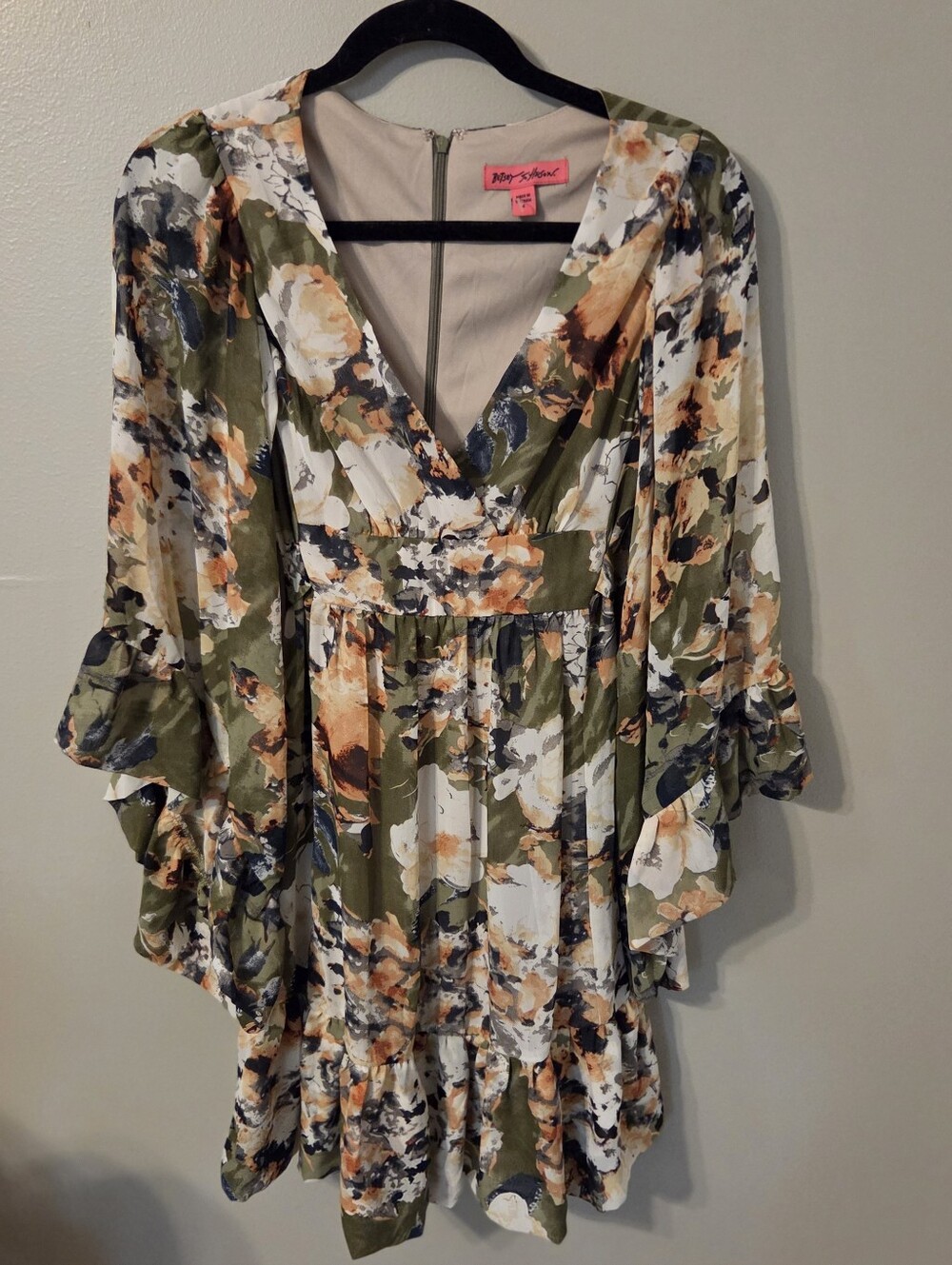 Vintage Betsy Johnson Women's Green Floral Faux Wrap Ruffled Mini Dress Sz 4 - Picture 2 of 12